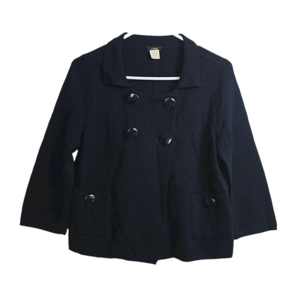Vintage J. Crew Sweater Jacket Women's M Blue 100% Wool Large Buttons 3/4-Sleeve